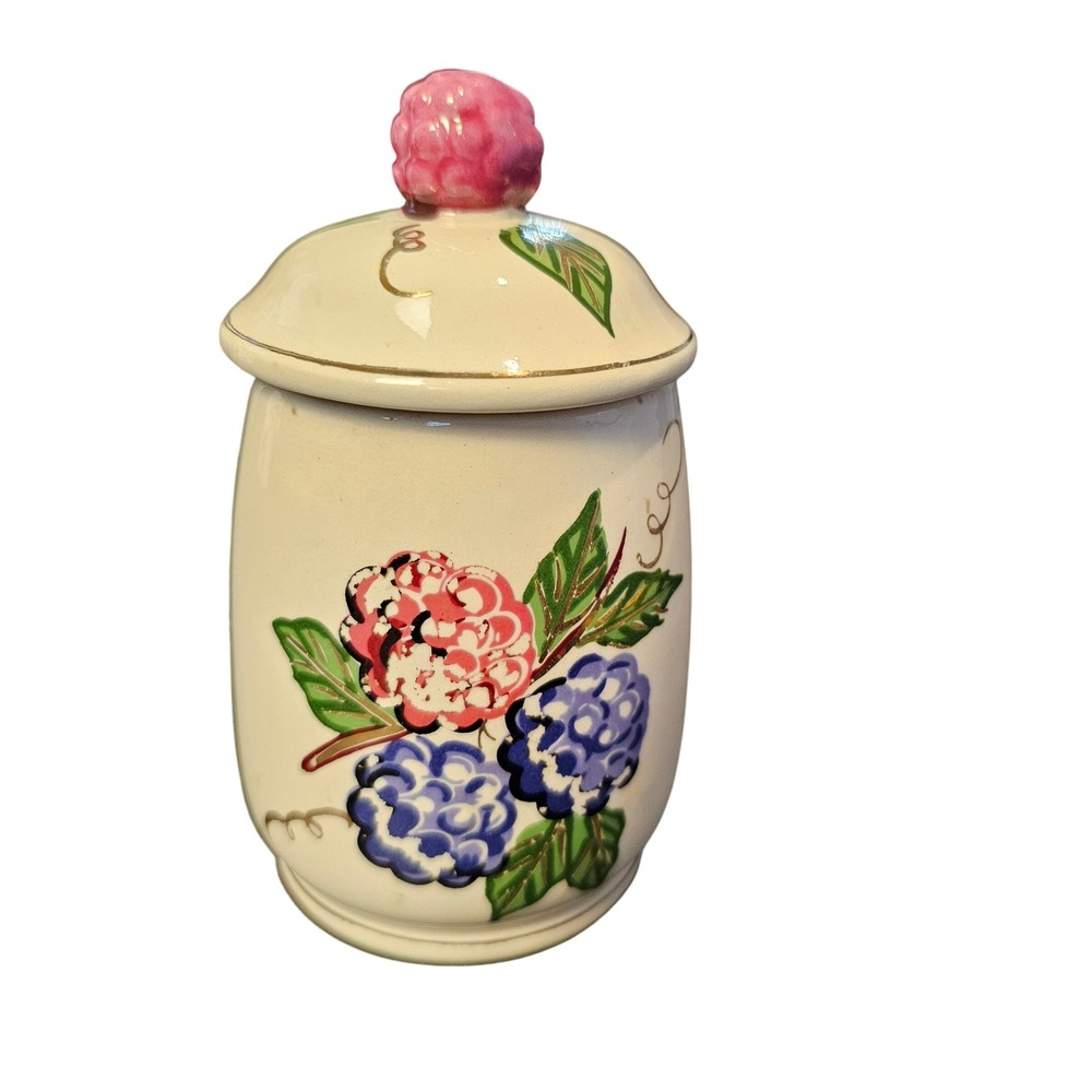 Vintage Hand Painted Ceramic Berry Jam Jar with Raspberry Lid Finial Cream 5in